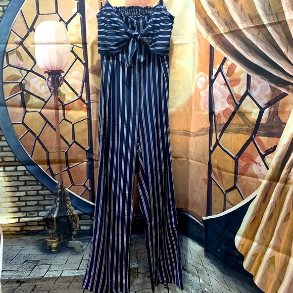 Pinstripe Jumpsuit- Navy and White - Picture 3 of 9